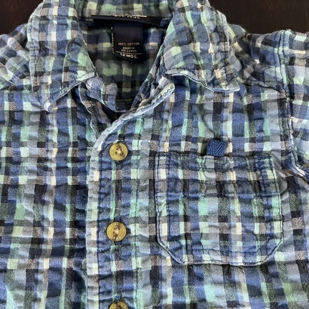 OshKosh B'gosh Baby Boys 12M Blue Plaid Seersucker Button‎ Up Shirt EUC